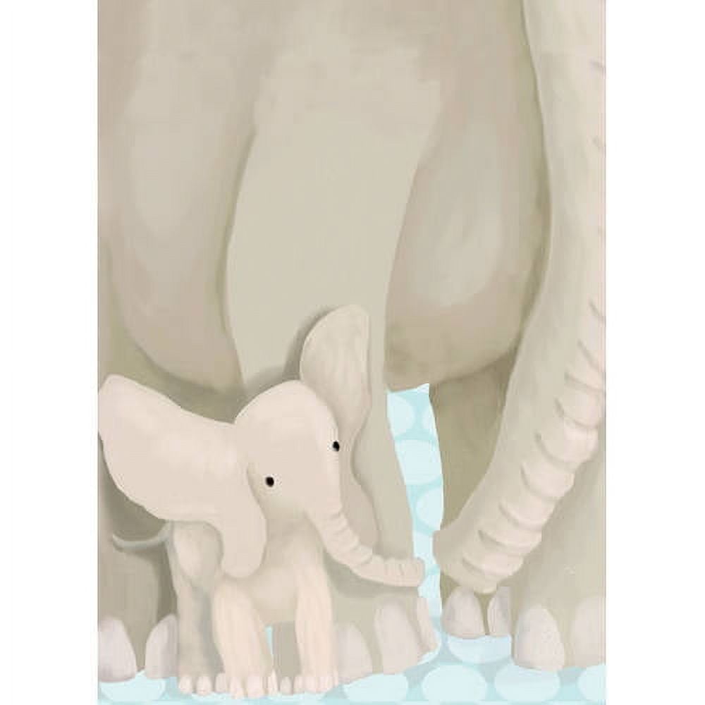 Cream-colored elephants standing together in snow, adult elephant behind baby elephant, illustrated canvas art