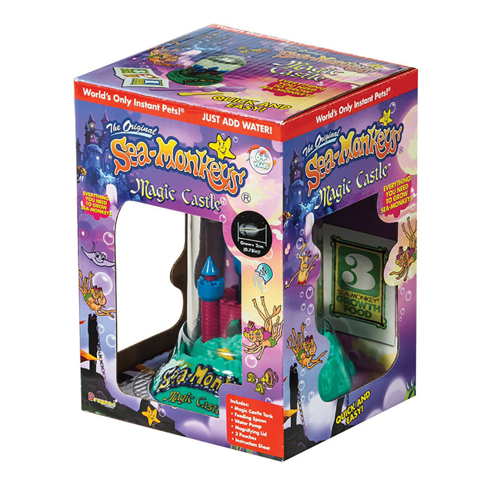 Sea-Monkeys Magic Castle Kit packaging showing purple box with castle habitat, tank, and digital screen display