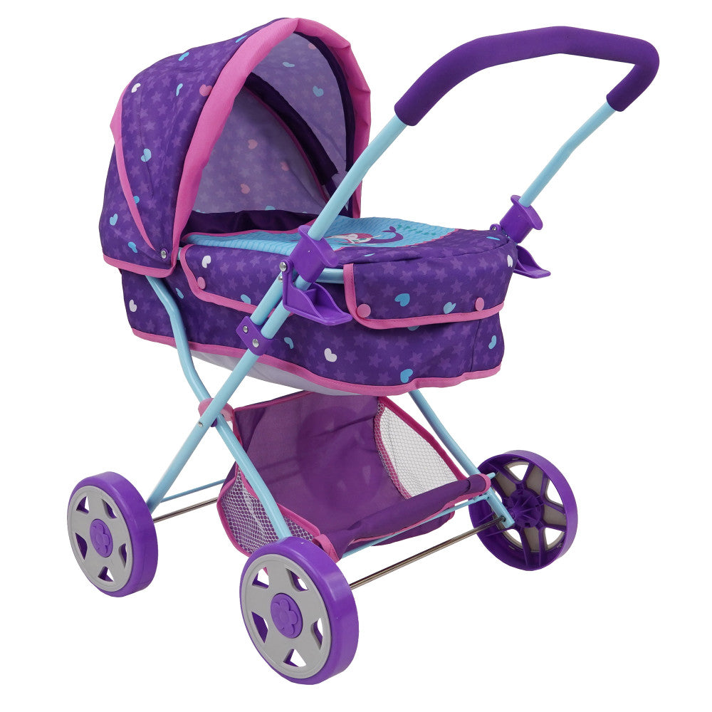 Purple and pink doll pram with mermaid-themed polka dot fabric, light blue frame, purple handles, retractable canopy, and storage basket on wheels