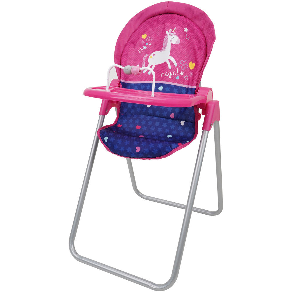 Pink doll highchair with unicorn design on backrest, navy seat with heart pattern, silver metal frame, and attached toy bar