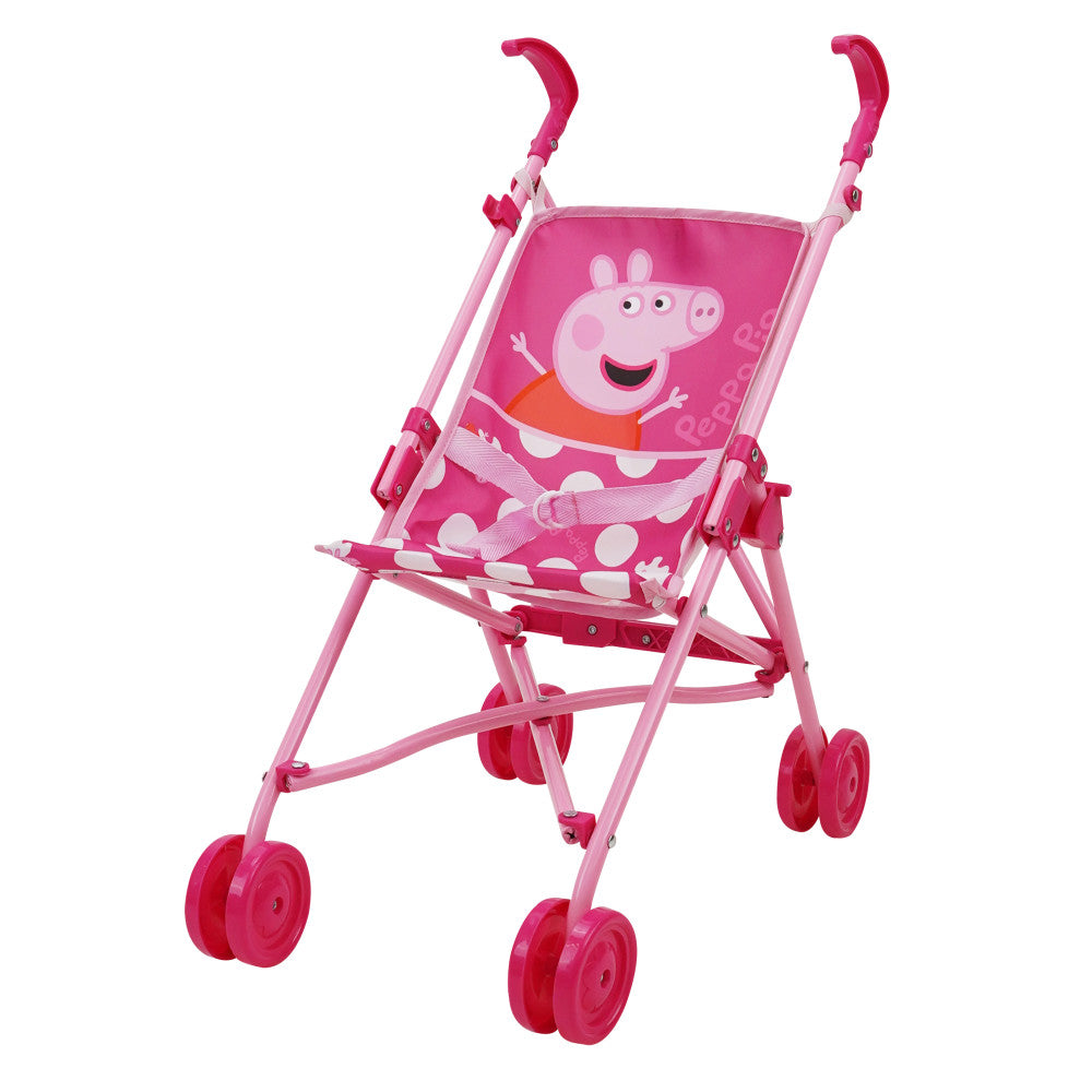 Pink and white Peppa Pig umbrella stroller with Peppa character on seat back, curved handles, and red wheels on plain background