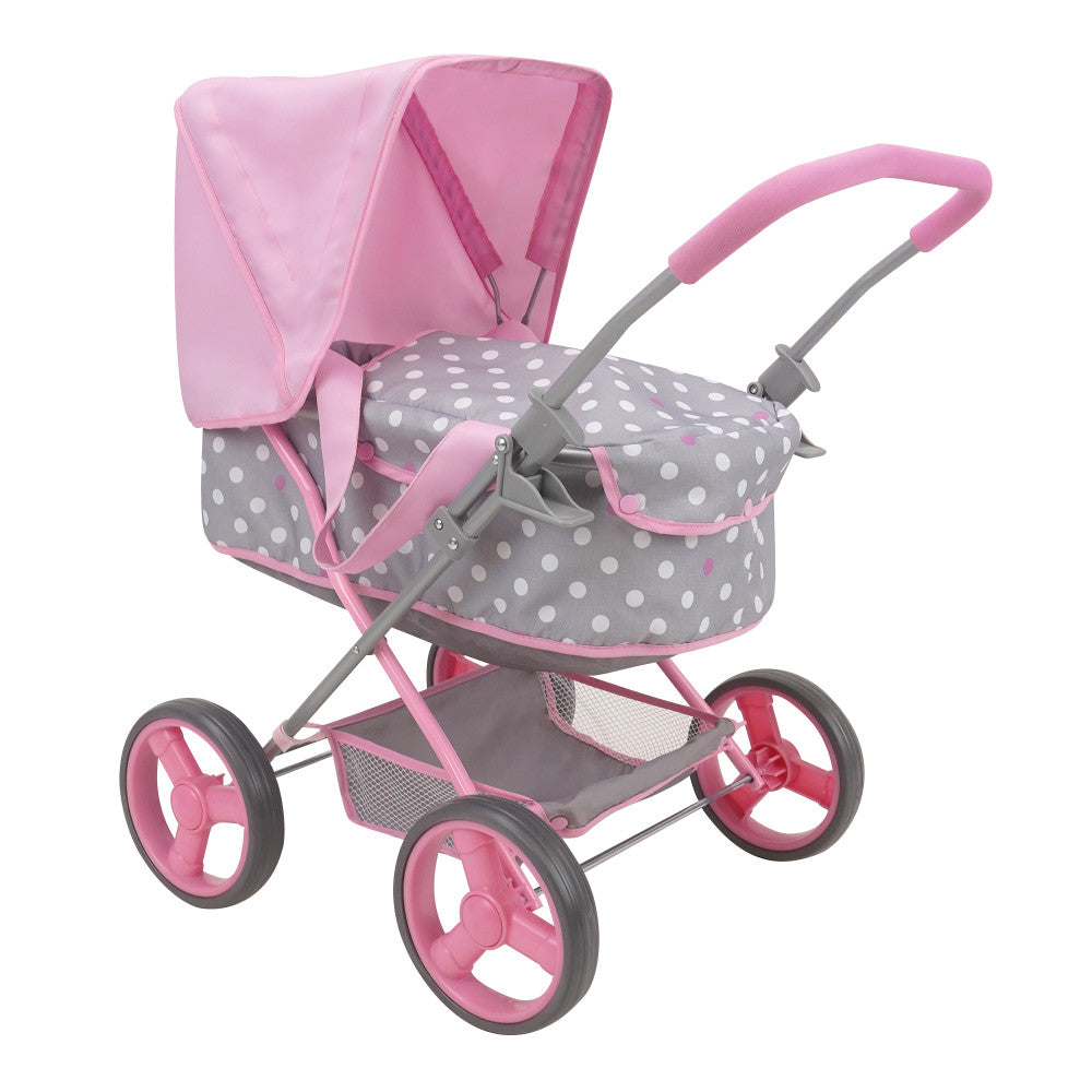 Pink and gray doll pram with white polka dot design, pink handles, and pink wheels