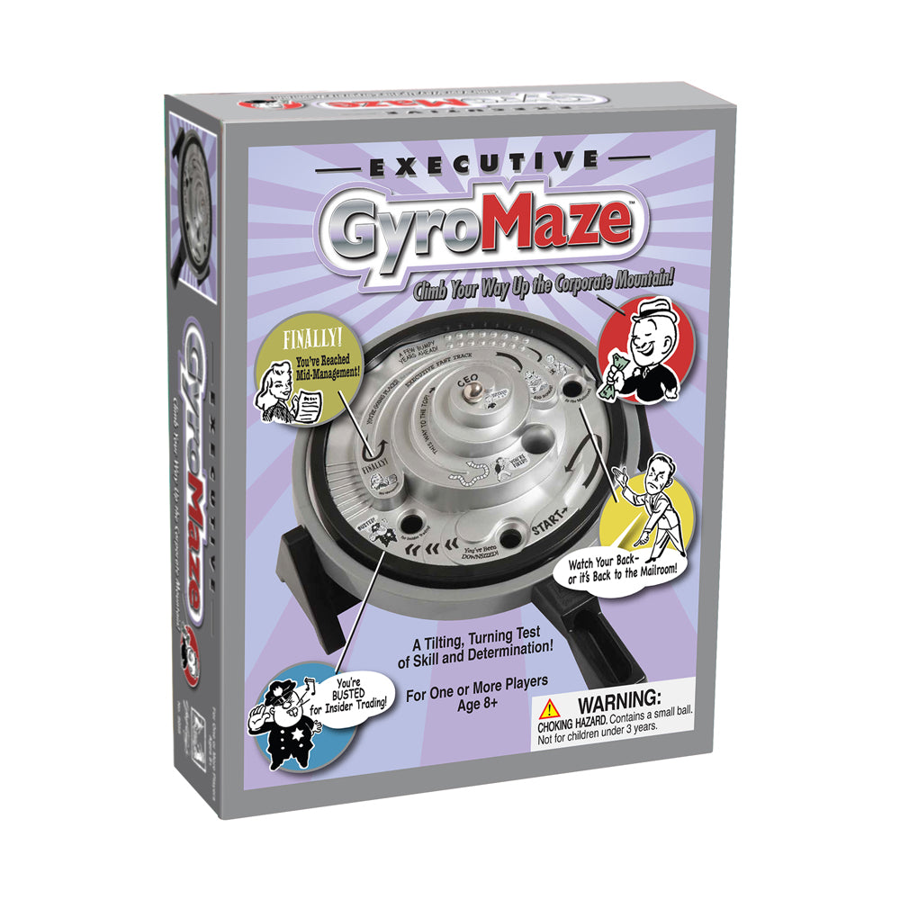 Executive GyroMaze game box showing spherical tilting maze puzzle with black handles and purple packaging with vintage cartoon characters