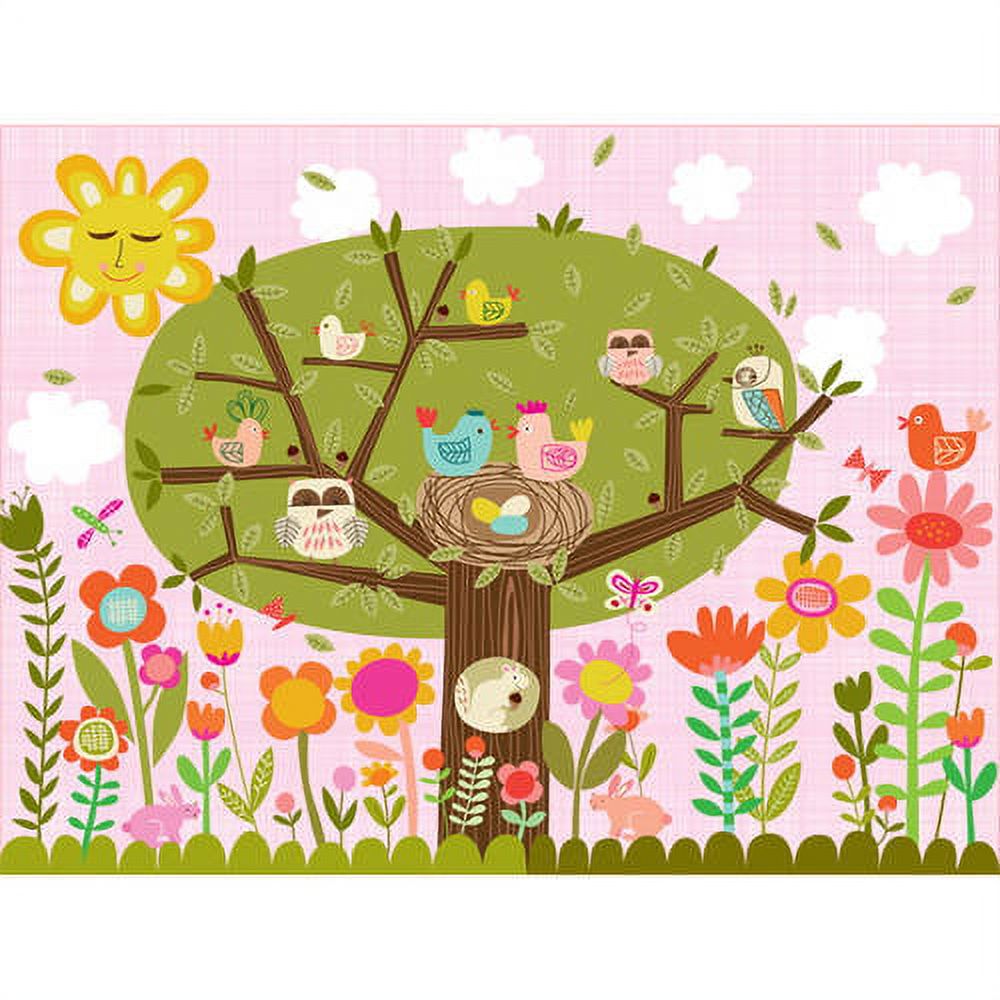 Illustrated canvas art featuring a whimsical tree with birds perched on branches, a nest with eggs, colorful flowers, butterflies, clouds, and a smiling sun on