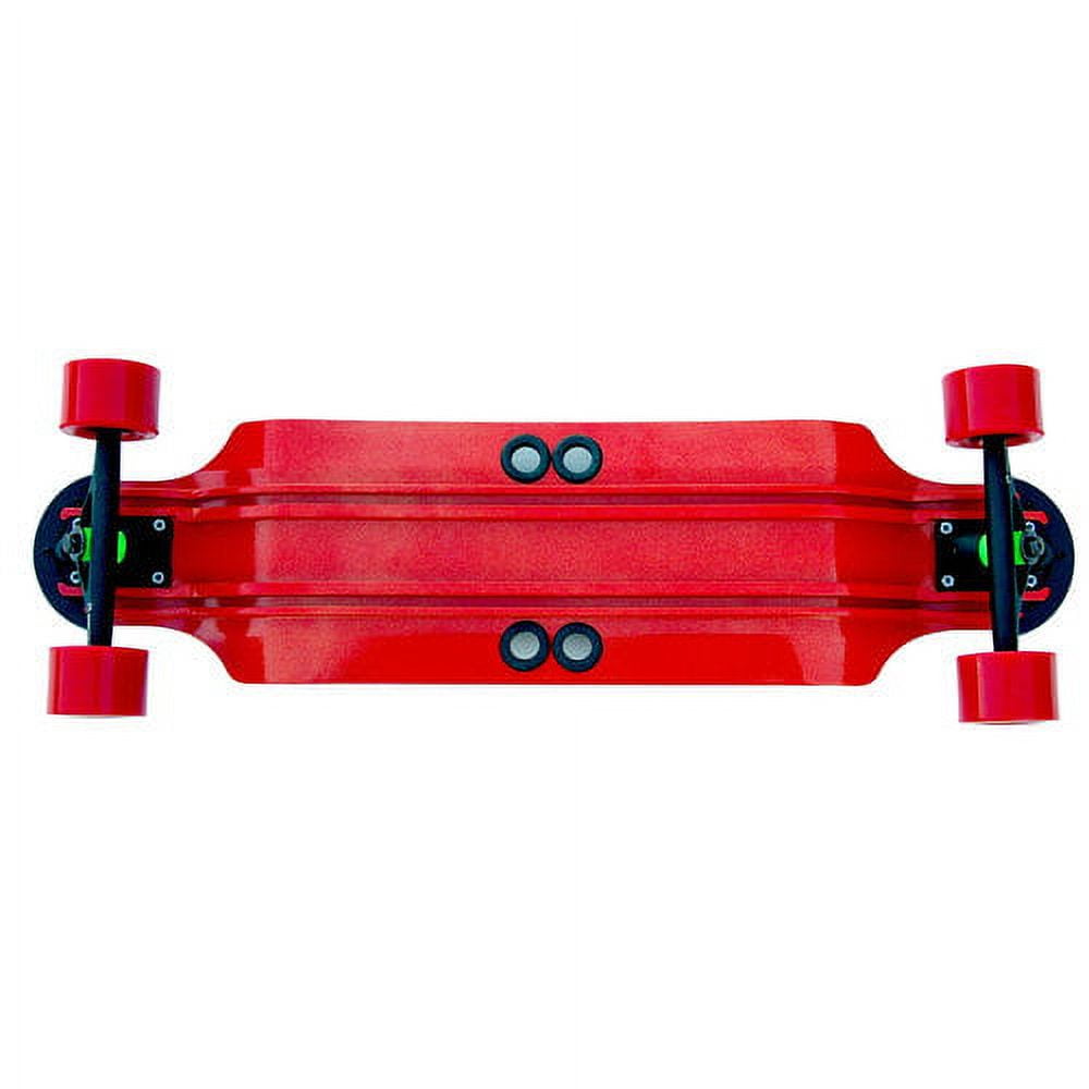 Red Beercan Boards 32" skateboard deck viewed from above, showing black grip tape stripes, green wheel hubs, and red wheels on plain white background