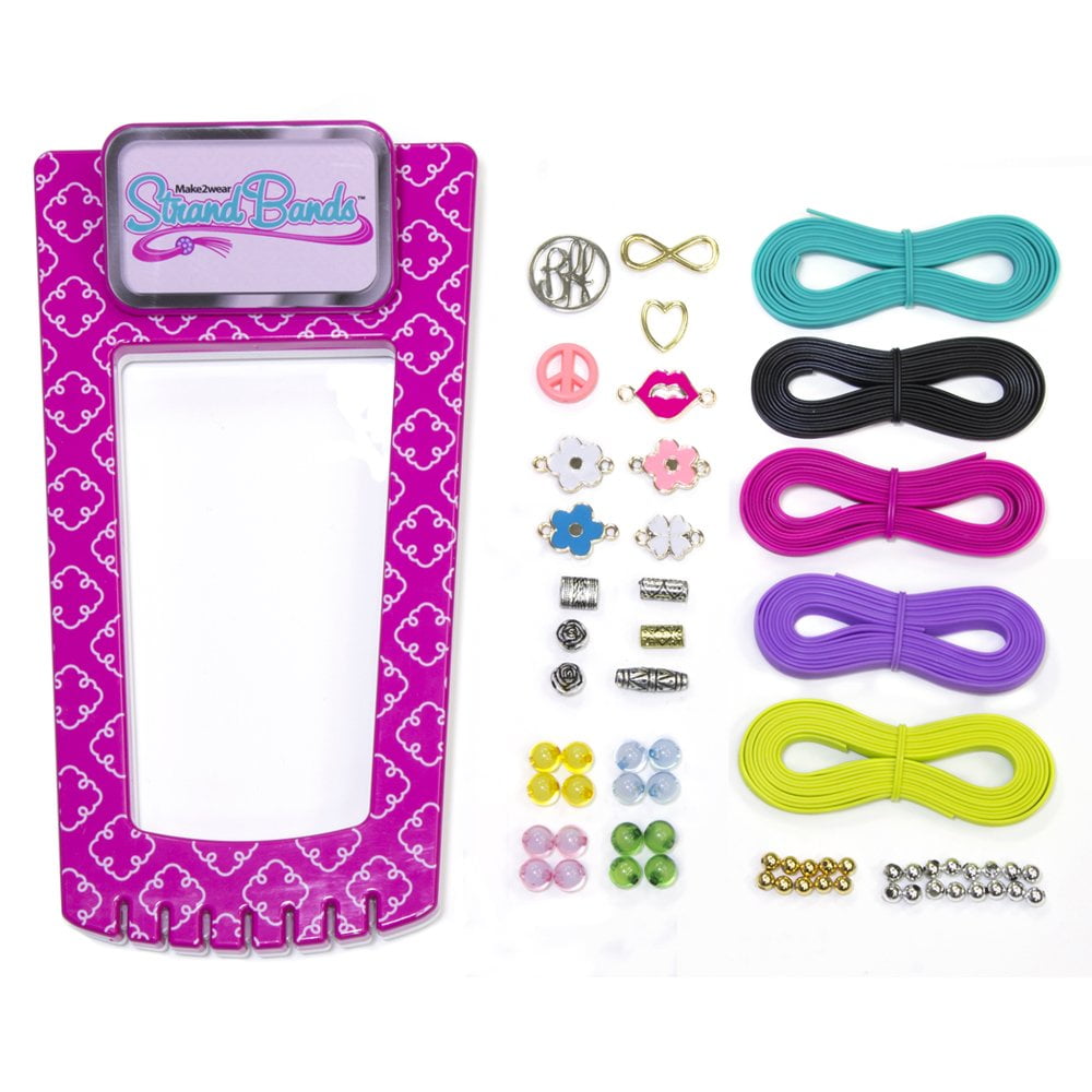 Strand Bands Cotton Candy Deluxe Bracelet Maker Kit with magenta patterned case, colored cords in turquoise, black, pink, purple, and yellow, and assorted beads