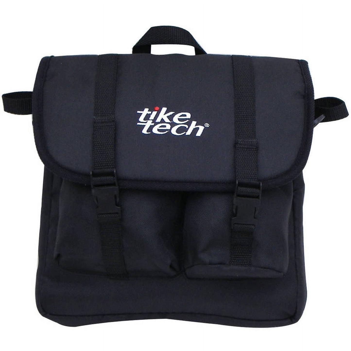 Black Tike Tech stroller bag with embroidered logo, black straps, and front pockets