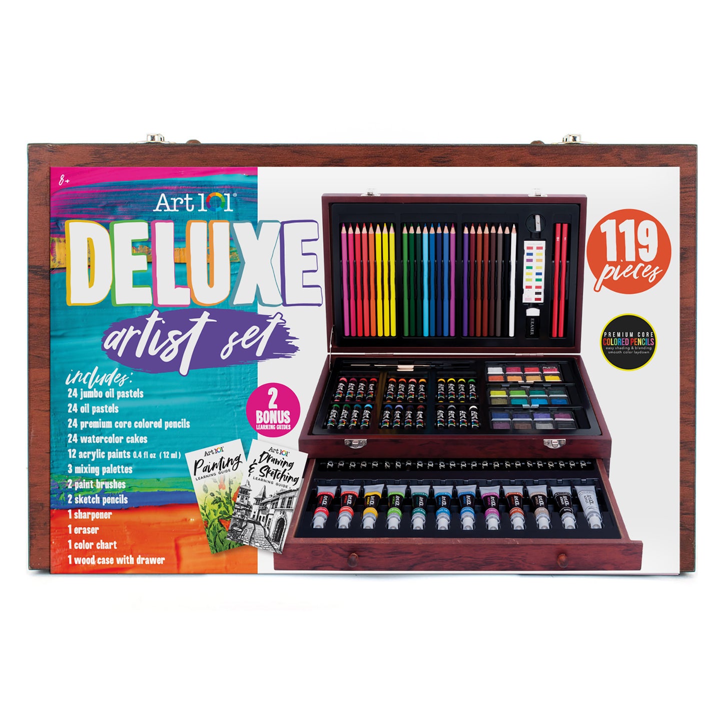 Art 101 Deluxe Deluxe Artist Set with 119 pieces including colored pencils, oil pastels, watercolor cakes, and acrylic paints in wooden case with drawer