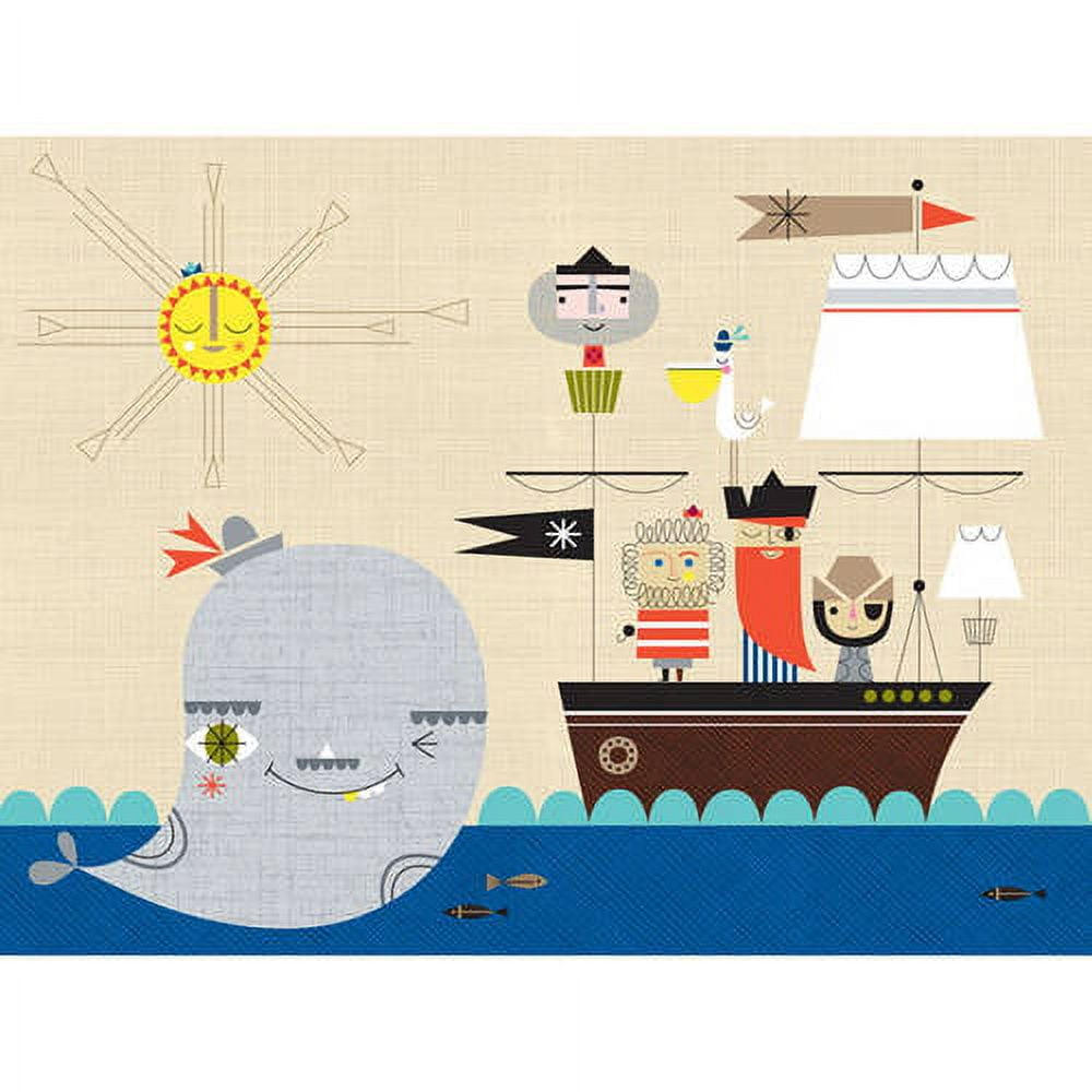 Illustration of a smiling whale in ocean waves below a pirate ship with colorful crew members, flags, and a sun in the sky