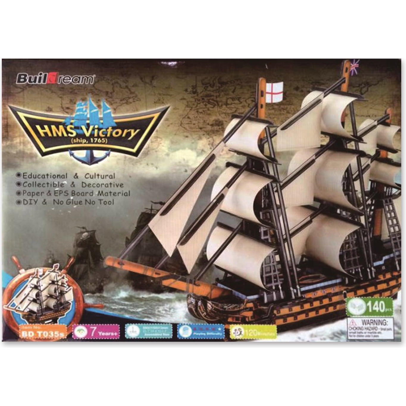 HMS Victory ship model building kit box showing assembled paper and EPS board model with white sails and black rigging on wooden hull