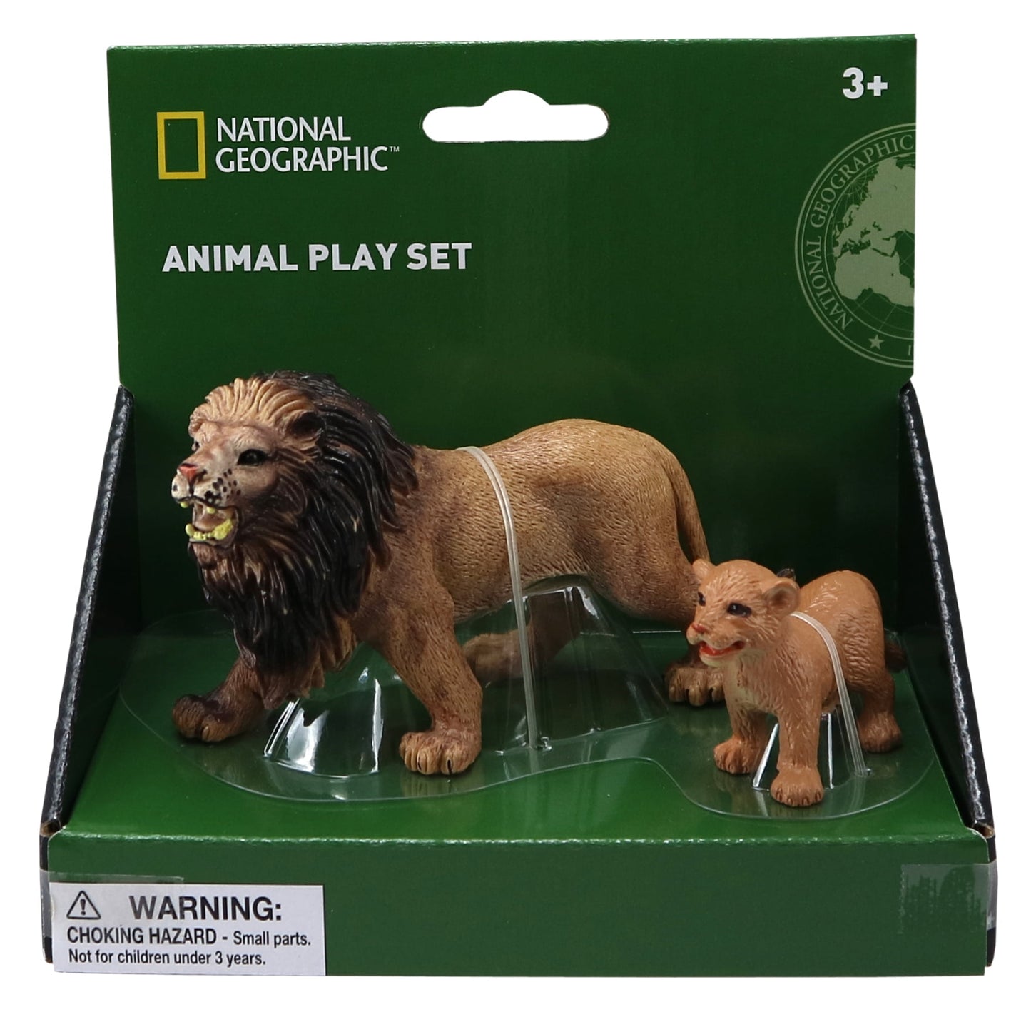 National Geographic Animal Play Set with adult lion and lion cub figurines on green base, ages 3+