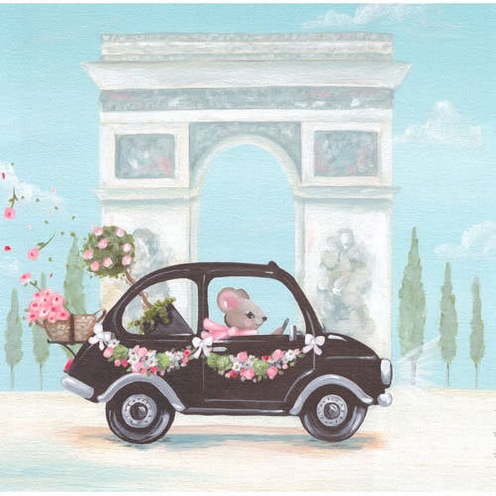 Illustration of a black car decorated with pink flowers driving past the Arc de Triomphe, with a mouse at the wheel and cypress trees lining the scene