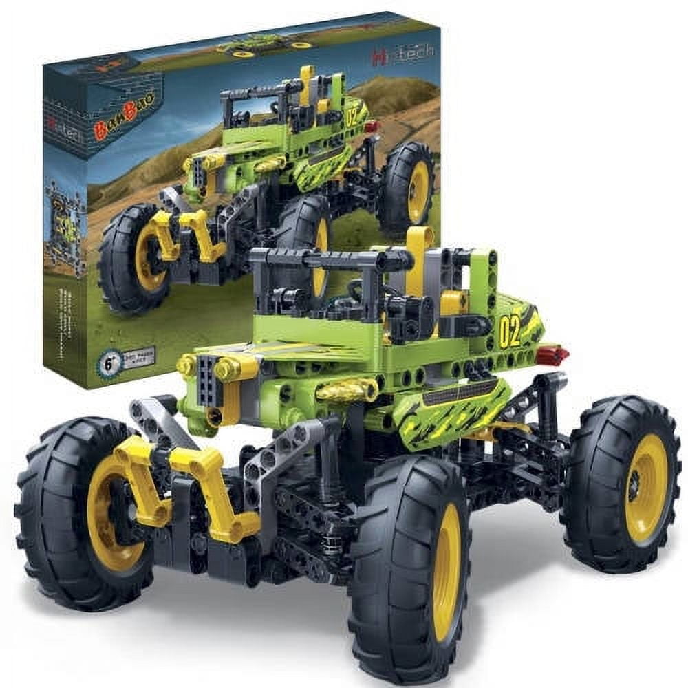 BanBao High-Tech Monster Truck Power Truck building set with lime-green and black assembled truck model with large yellow and black tires, displayed with packag