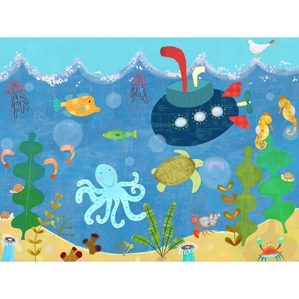 Illustrated underwater scene with submarine, colorful fish, octopus, sea turtle, seahorses, seaweed, and sandy ocean floor against blue water and snowy mountain