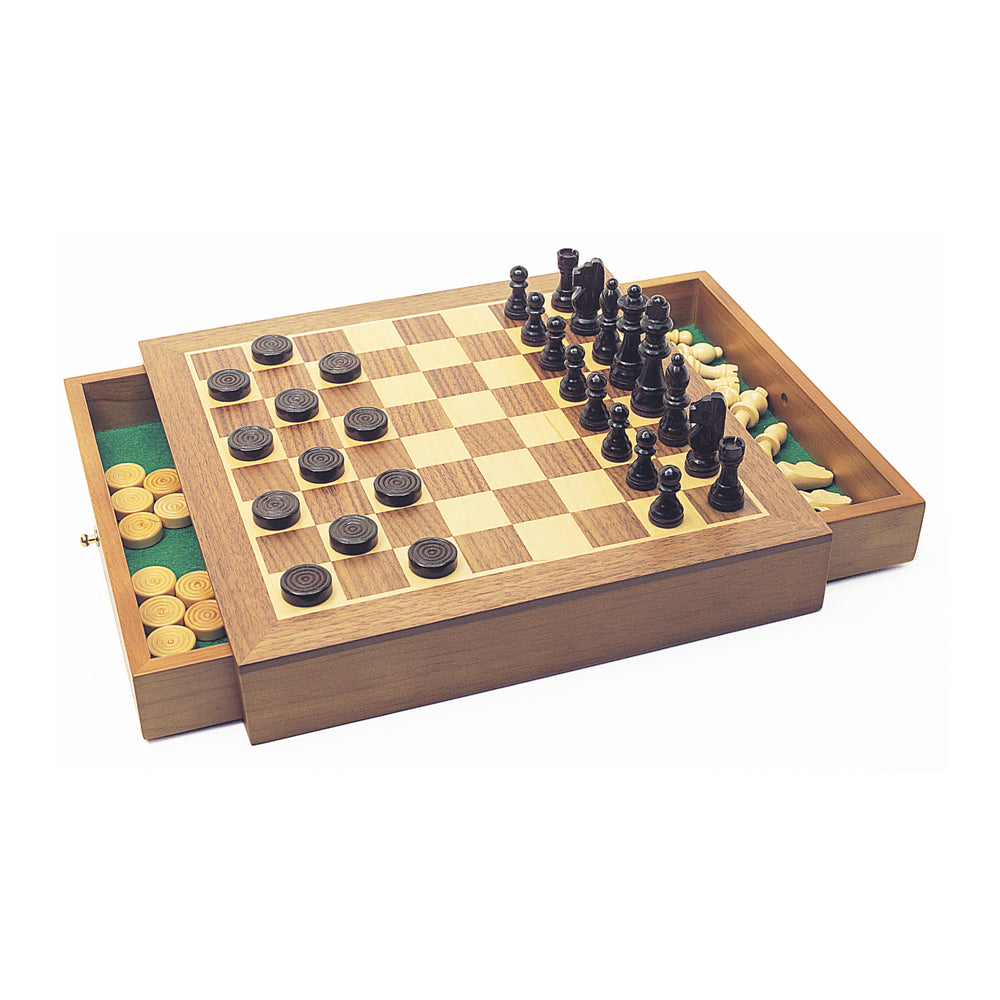 Wooden chess and checkers set with storage drawers, black and natural wood pieces on alternating light and dark board