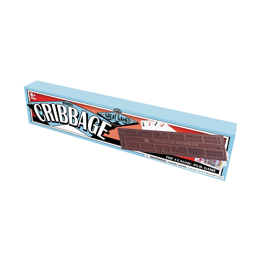 House of Marbles Classic Wooden Cribbage Board Game in retail packaging with light blue box showing game title, wooden cribbage board, playing cards, and warnin