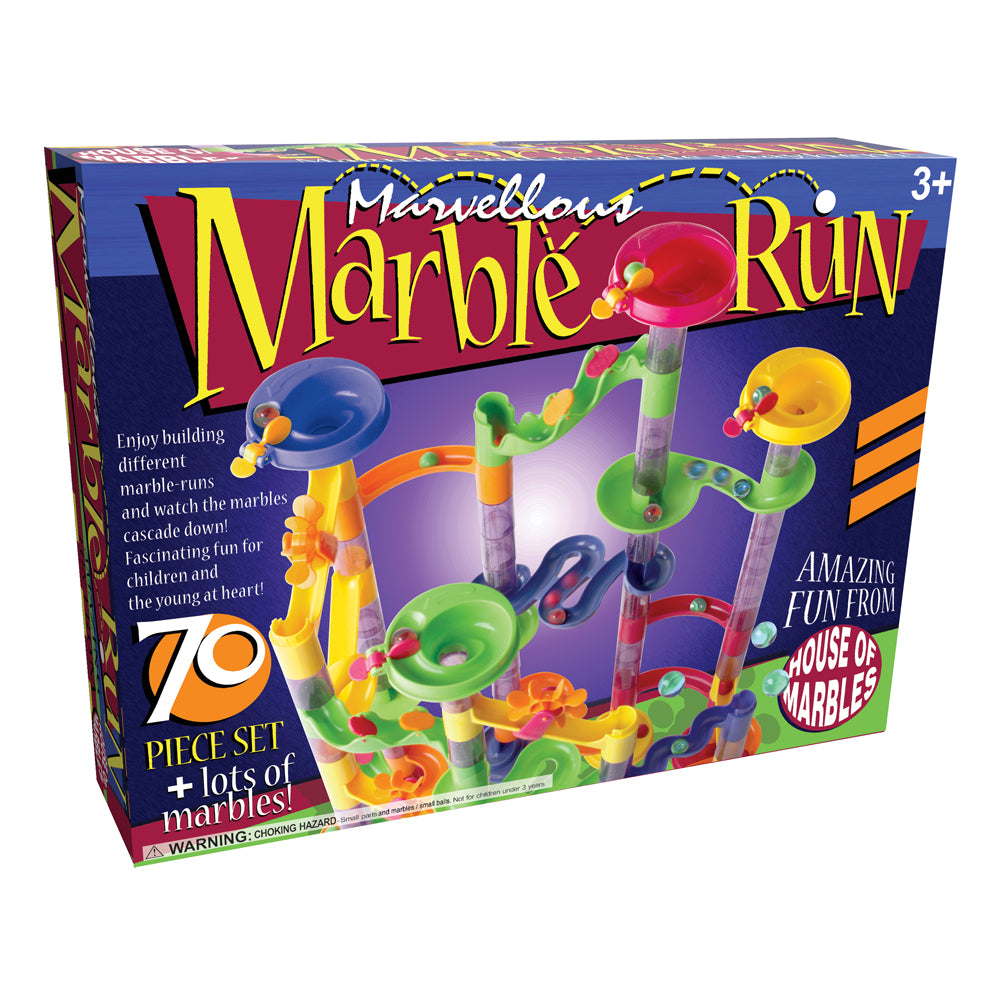 Marvelous Marble Run 70-piece set box showing colorful plastic track pieces, towers, and marbles in bright green, blue, orange, and yellow