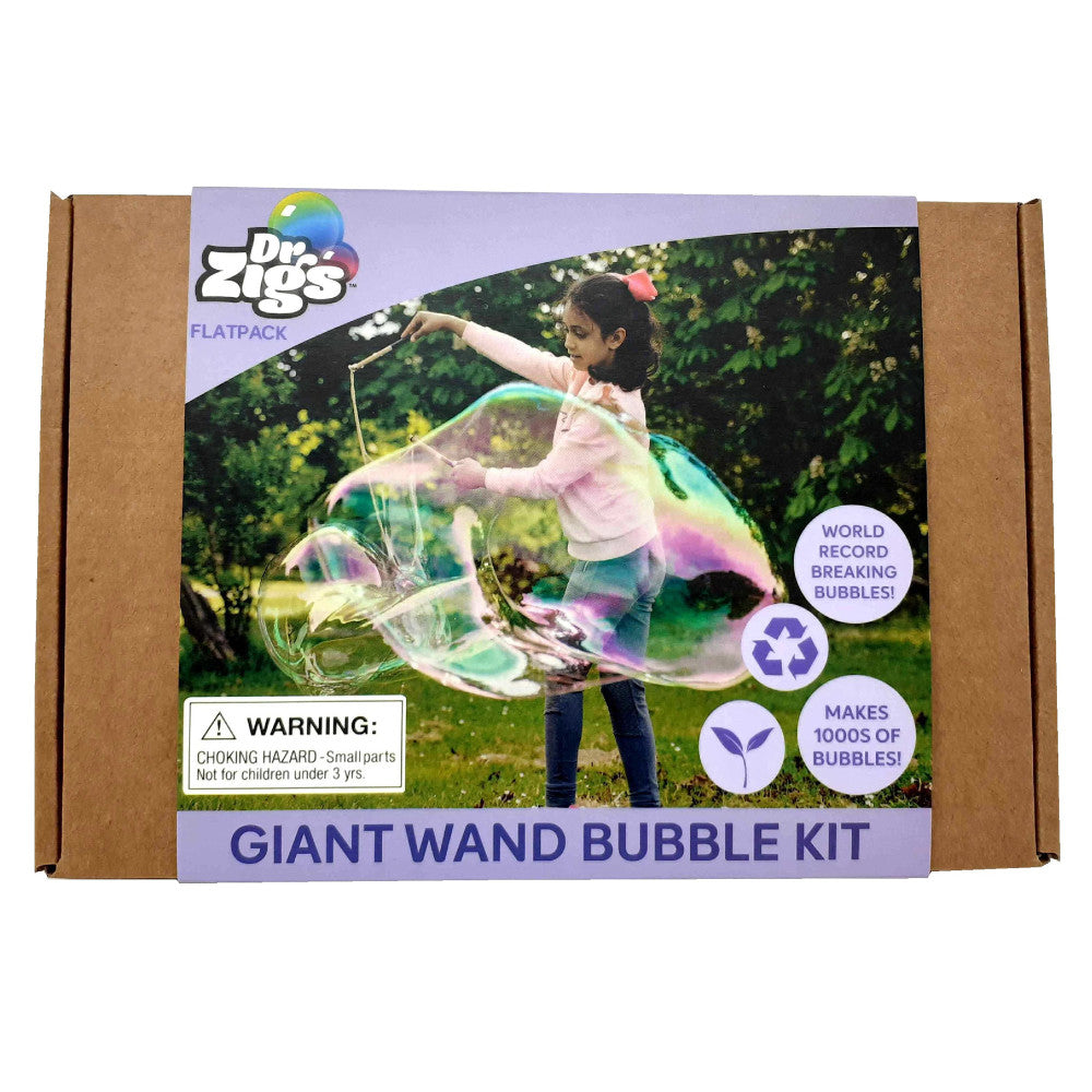 Dr Zigs Giant Wand Bubble Kit package showing child on model creating large bubbles outdoors with wand