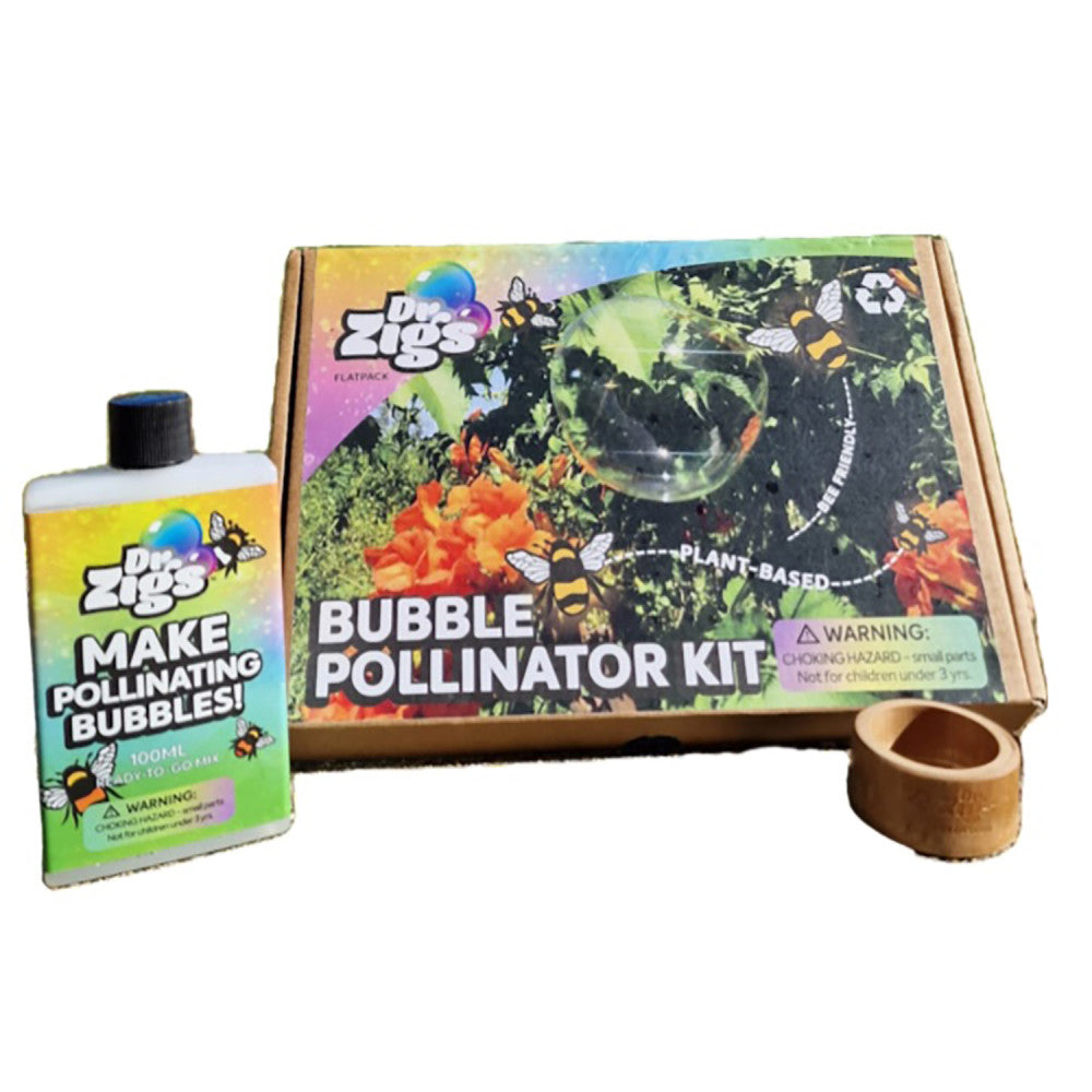 Dr Zigs Bubble Pollinator Kit contents displayed: colorful box with garden and bee imagery, bottle of bubble solution labeled 'Make Pollinating Bubbles', and wo