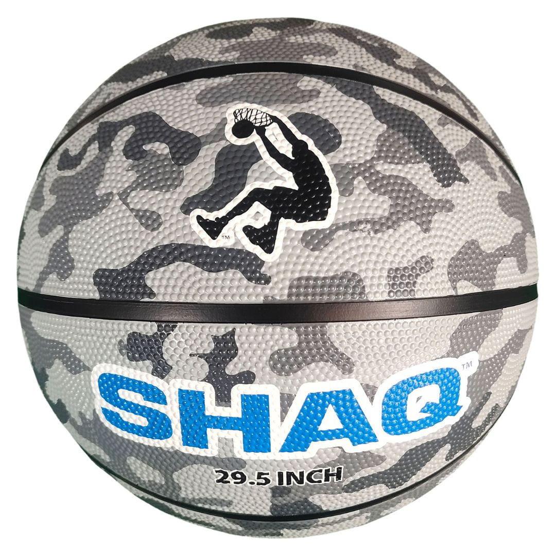 SHAQ 29.5 inch basketball with gray and white camo pattern, black stripe, and blue SHAQ branding with player silhouette logo