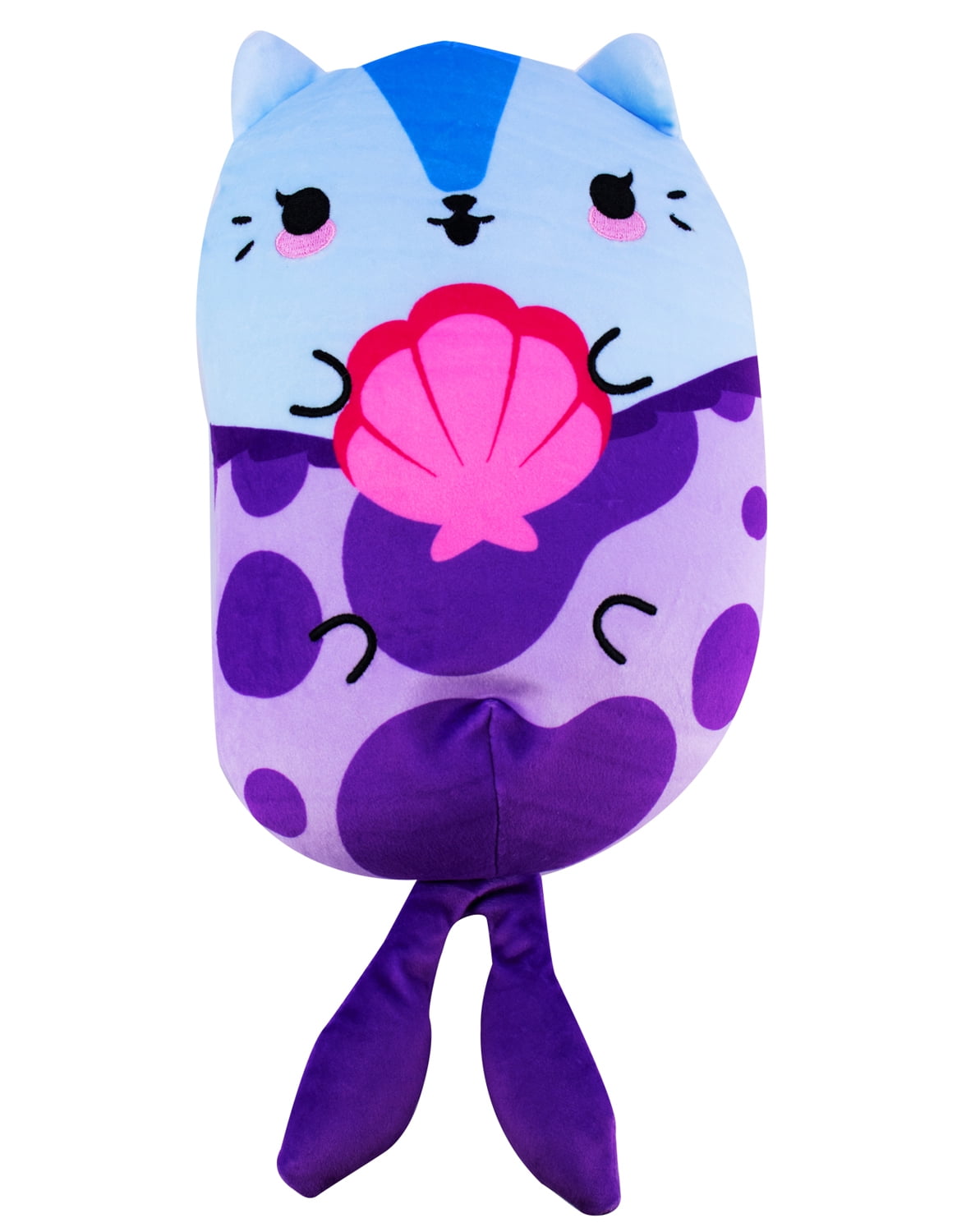 Light blue plush cat with pointed ears, black eyes and mouth, pink cheeks, holding a pink shell, purple body with dark purple spots and legs