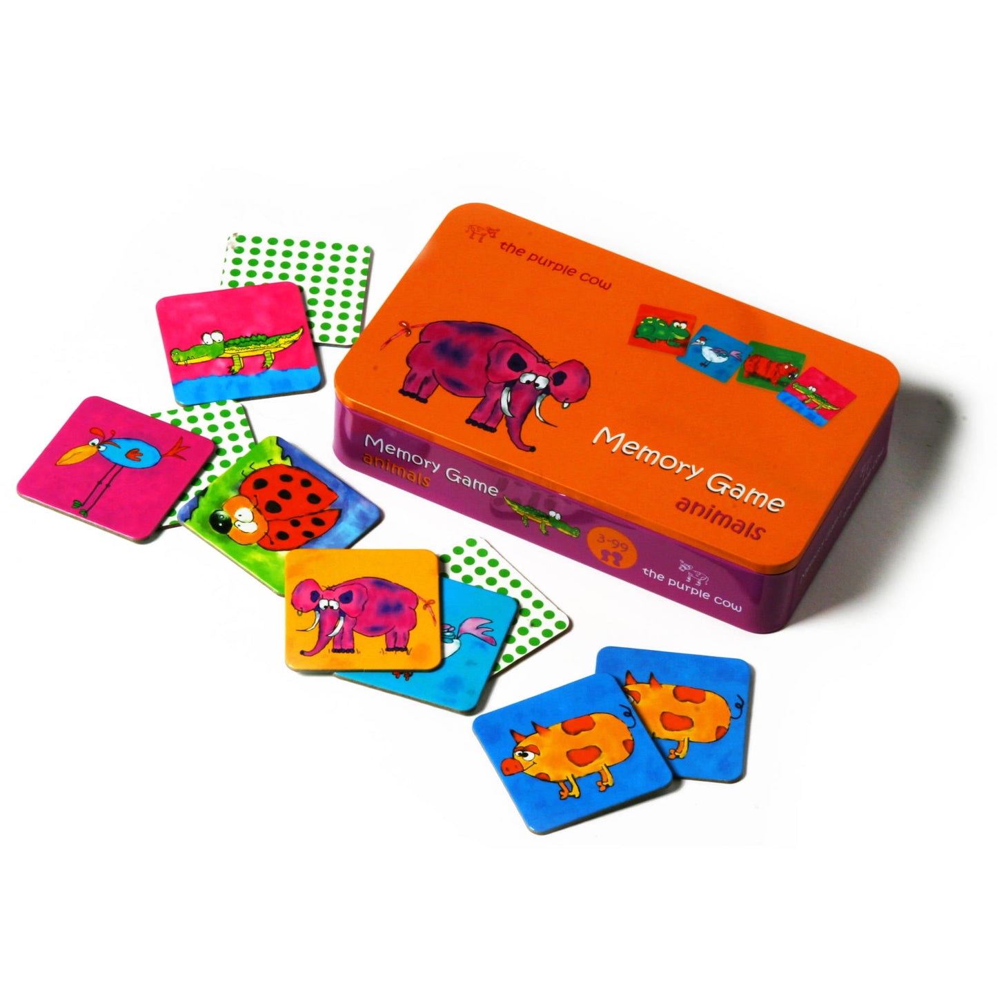 The Purple Cow Animal Memo Game with orange box and colorful matching cards featuring illustrated animals including cow, ladybug, and pig