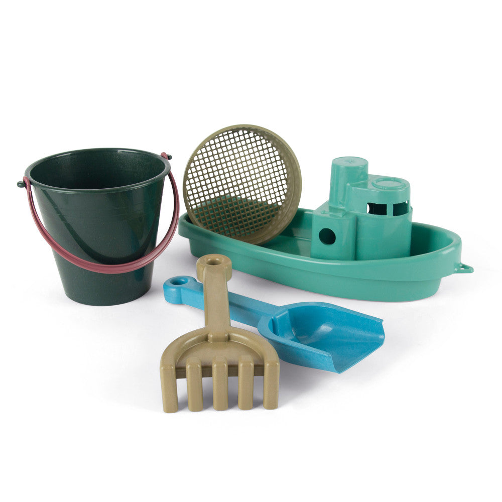 Green bucket with pink handle, tan mesh sieve, turquoise boat-shaped container with play pieces, wooden rake, and blue shovel—sand and water play set