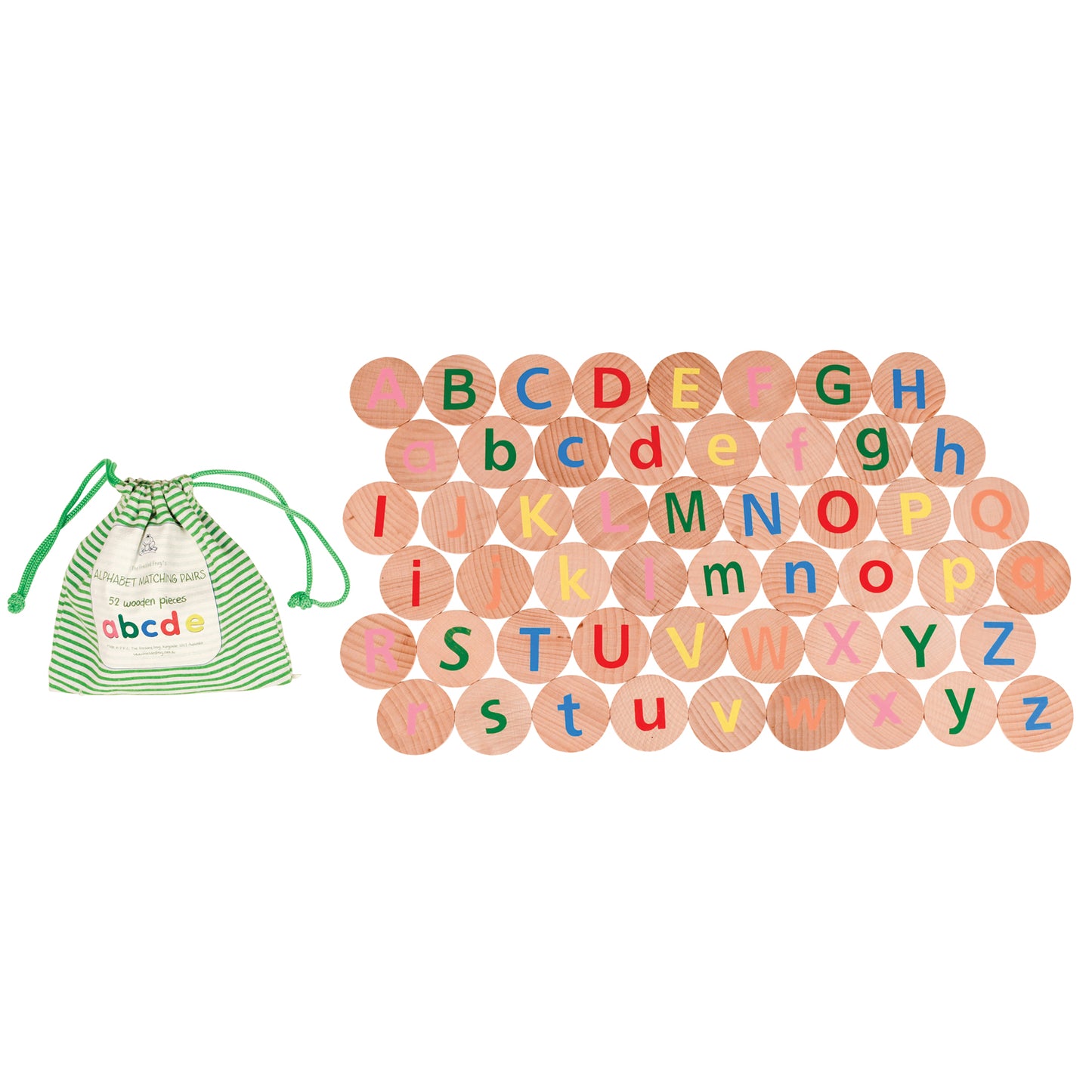 Alphabet Matching Pairs wooden disc set with 52 pieces displayed next to green striped storage bag, featuring uppercase and lowercase letters on natural wood ci