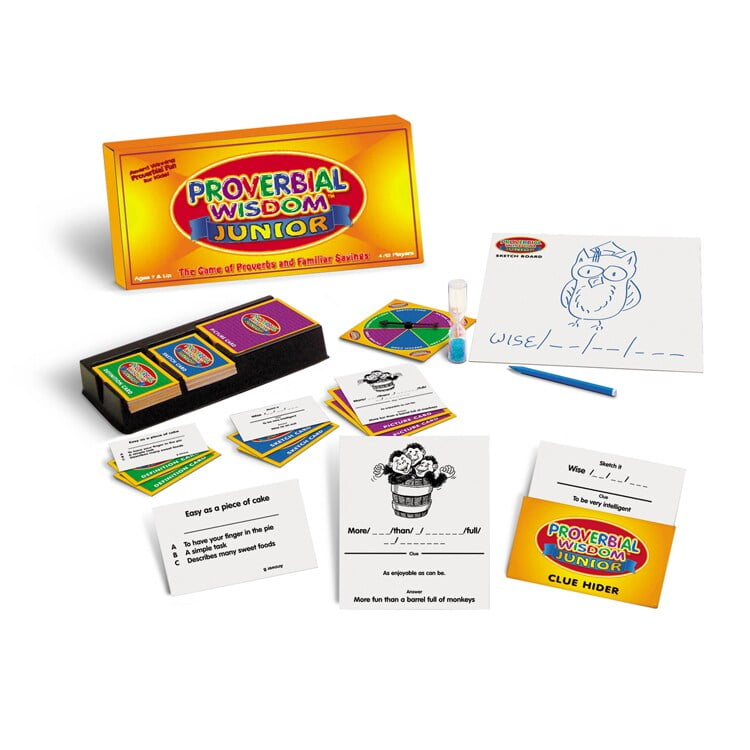 Proverbial Wisdom Junior board game displayed with box, game board with spinner, cards, instruction sheets, and worksheet with blue pen