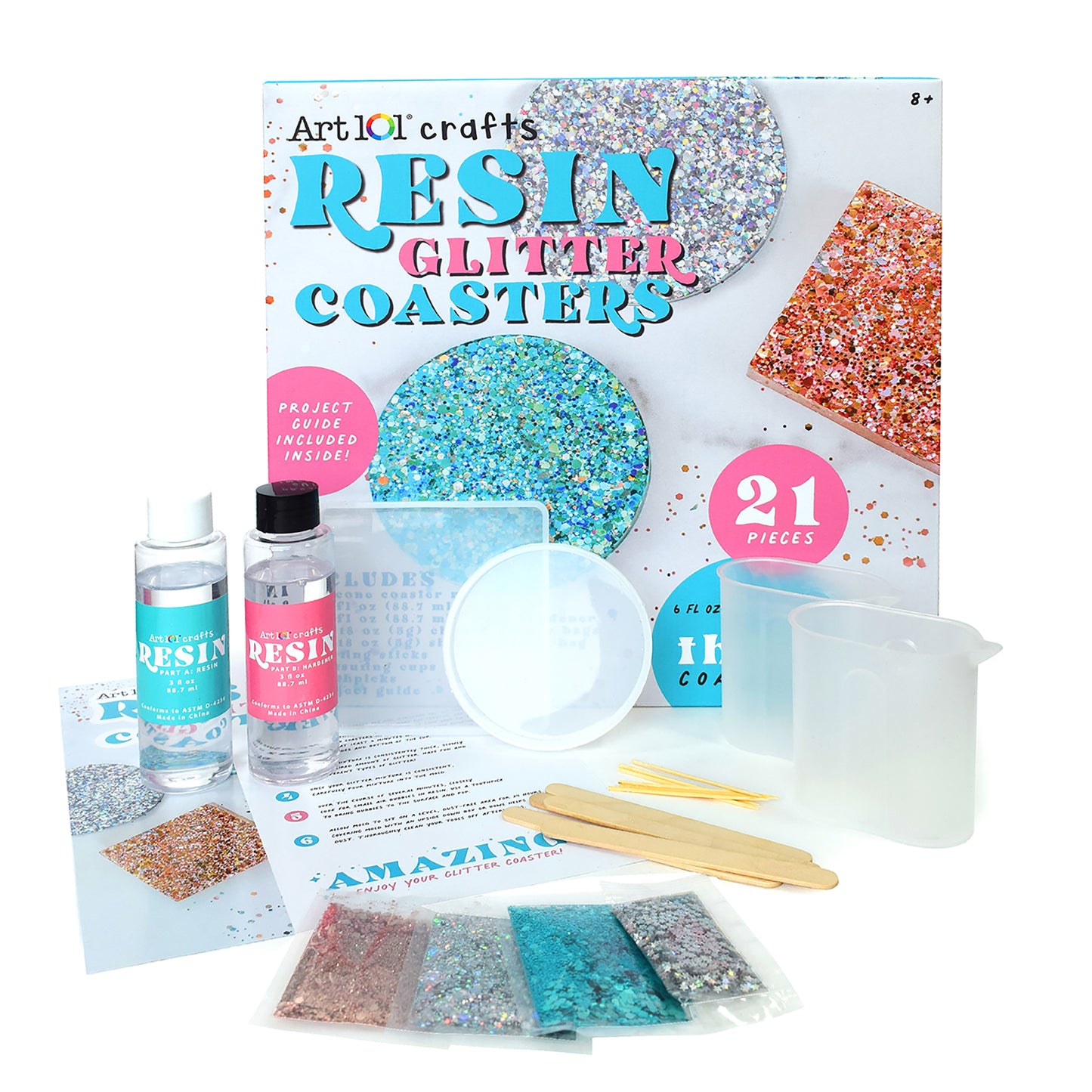 Art 101 Resin Glitter Coasters craft kit with colorful glitter packets, resin bottles, wooden sticks, mixing bowl, and project guide; 21 pieces included