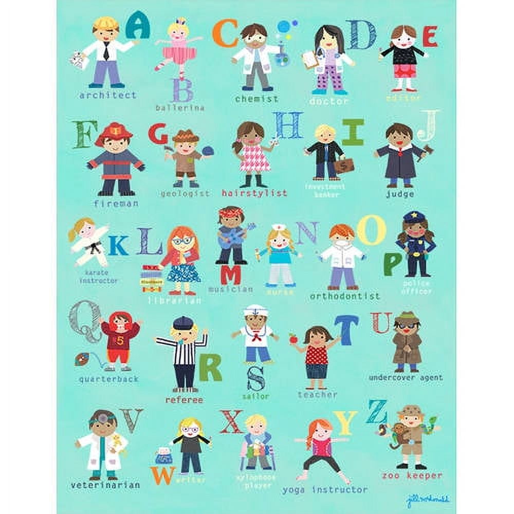 Alphabet poster with illustrated children representing careers A to Z on turquoise background, including architect, ballerina, chemist, doctor, firefighter, geo