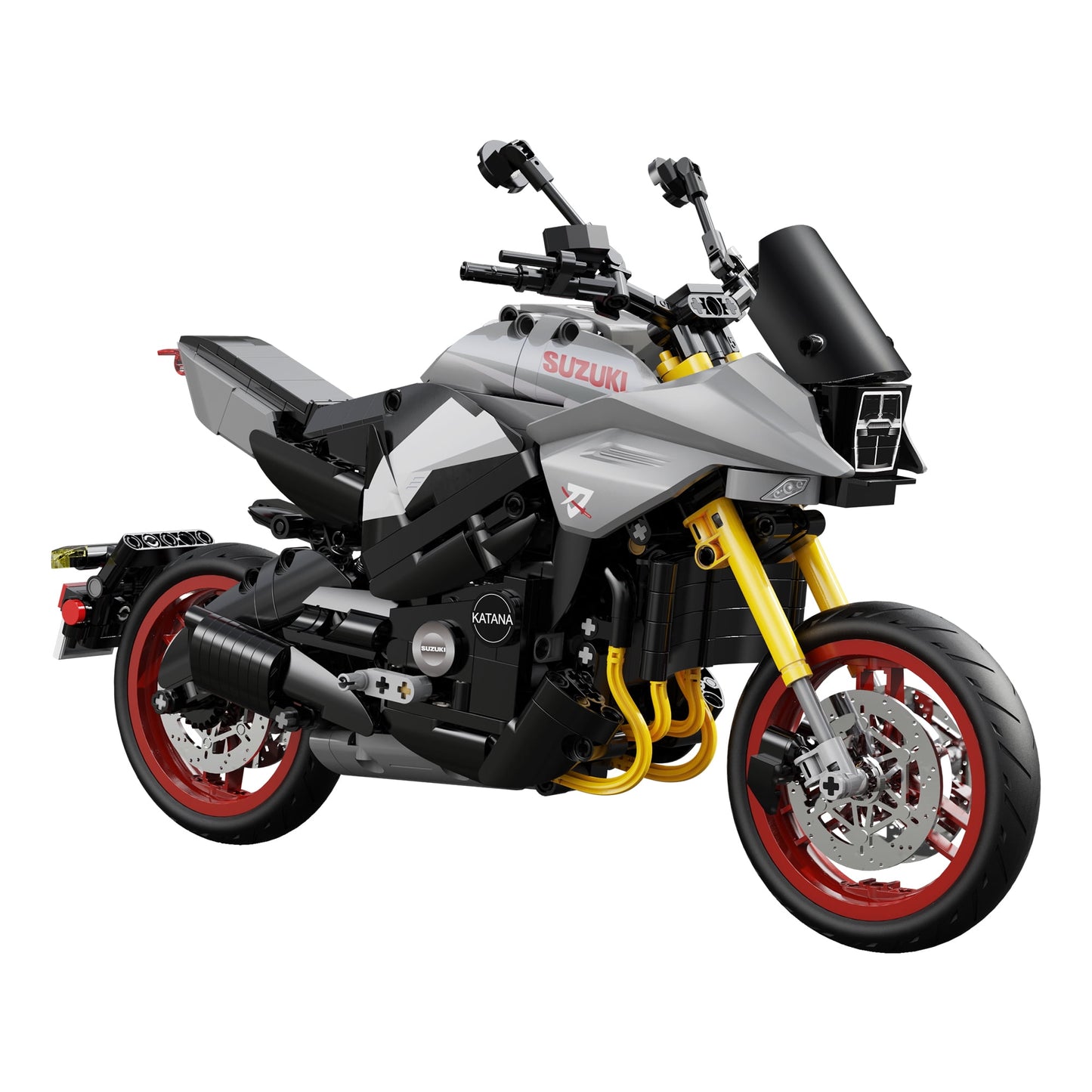 CaDA Suzuki Katana Motorcycle Model Kit, 1:6 scale replica with white, black, and gray body, yellow suspension forks, red and silver wheels on plain background