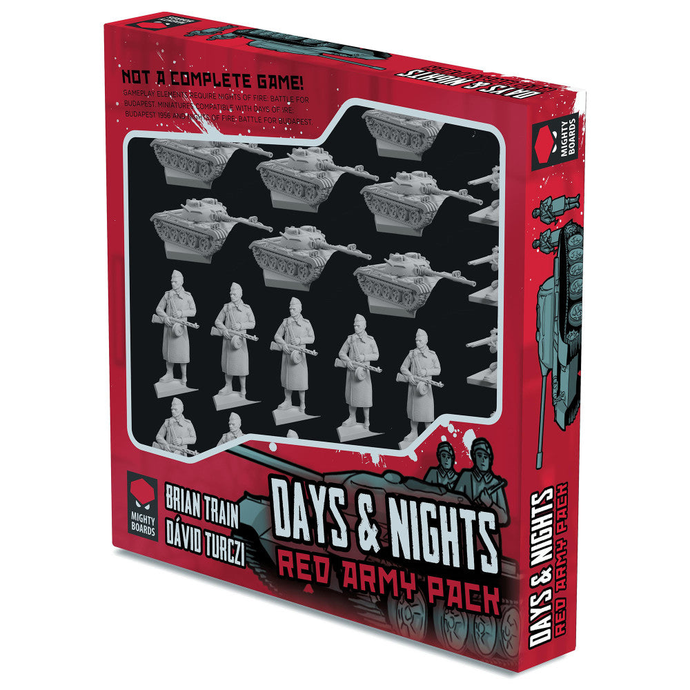 Days & Nights Red Army Pack game box showing plastic miniature soldiers and tank pieces on black background, red packaging with Mighty Boards branding