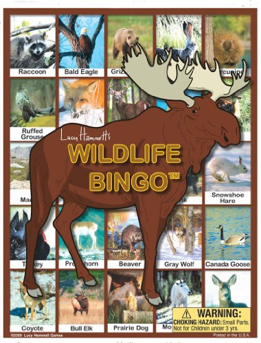 Wildlife Bingo game box featuring a large moose illustration surrounded by photo tiles of animals including raccoon, bald eagle, grizzly bear, ruffed grouse, be