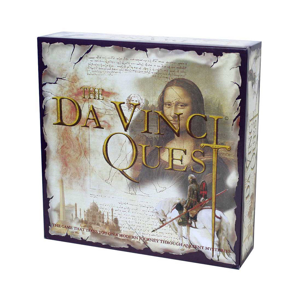 The Da Vinci Quest board game box featuring a portrait of Leonardo da Vinci and vintage sketches on aged parchment background