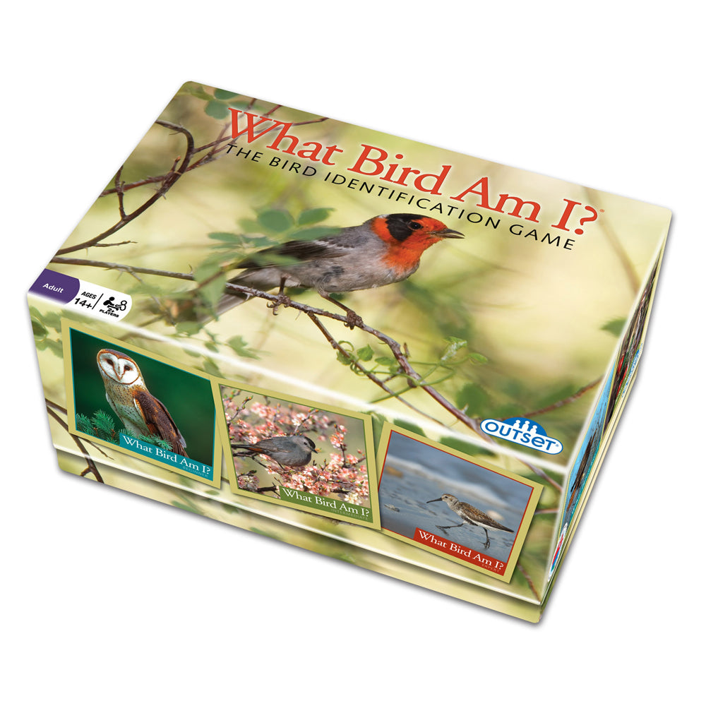 What Bird Am I? The Bird Identification Game box featuring a robin perched on a branch, with game images and Outset branding visible on the package