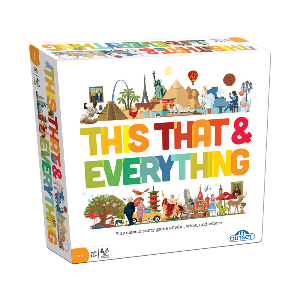 This That & Everything Party Game box by Outset Media featuring colorful illustrated scenes of landmarks, people, and objects with game title in large multicolo