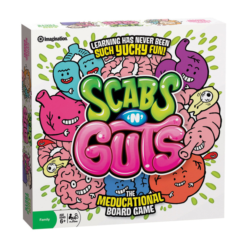 Scabs 'N' Guts The Medicational Board Game box featuring colorful cartoon brain and organ characters with text 'Learning has never been such yucky fun'