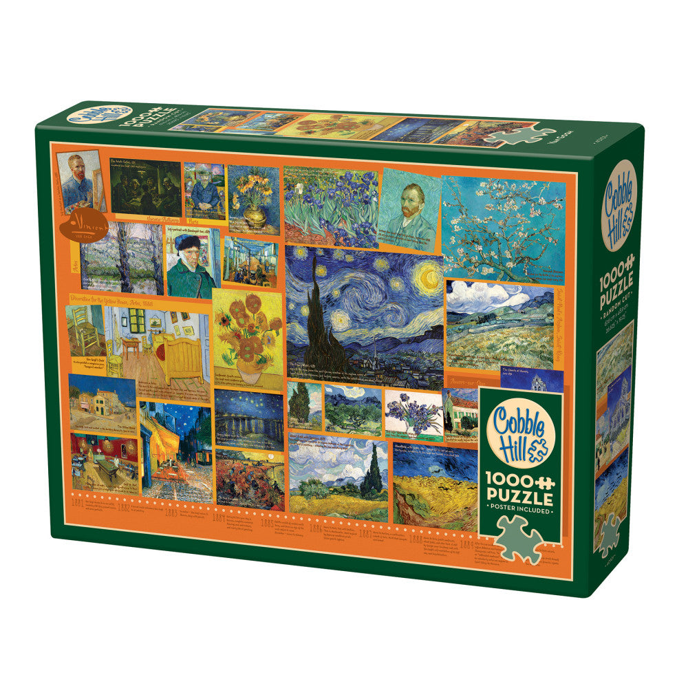 Cobble Hill 1000-piece puzzle box featuring a collage of Van Gogh paintings including Starry Night, Sunflowers, Irises, and other works on green and orange pack