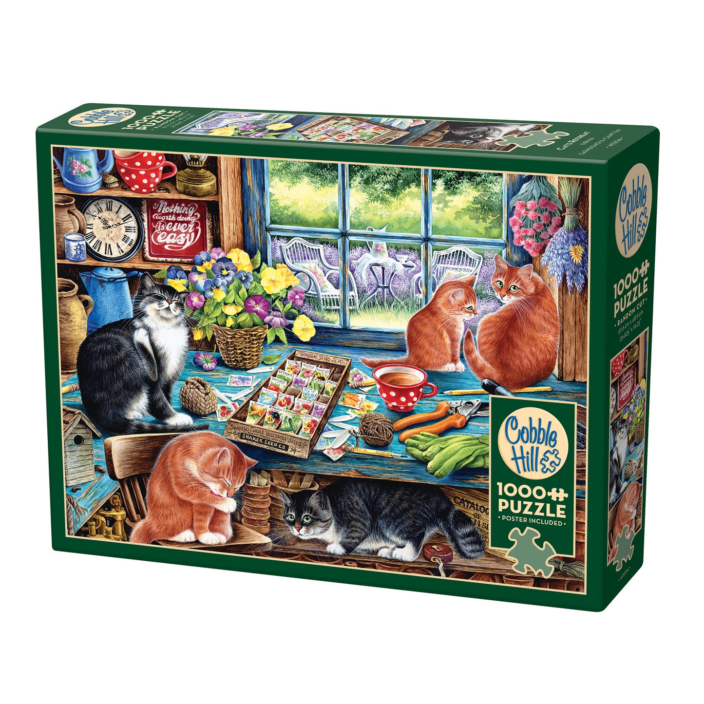 Cobble Hill 1000-piece puzzle box featuring four cats in a cottage kitchen with flowers, seed packets, teacup, and garden view through window