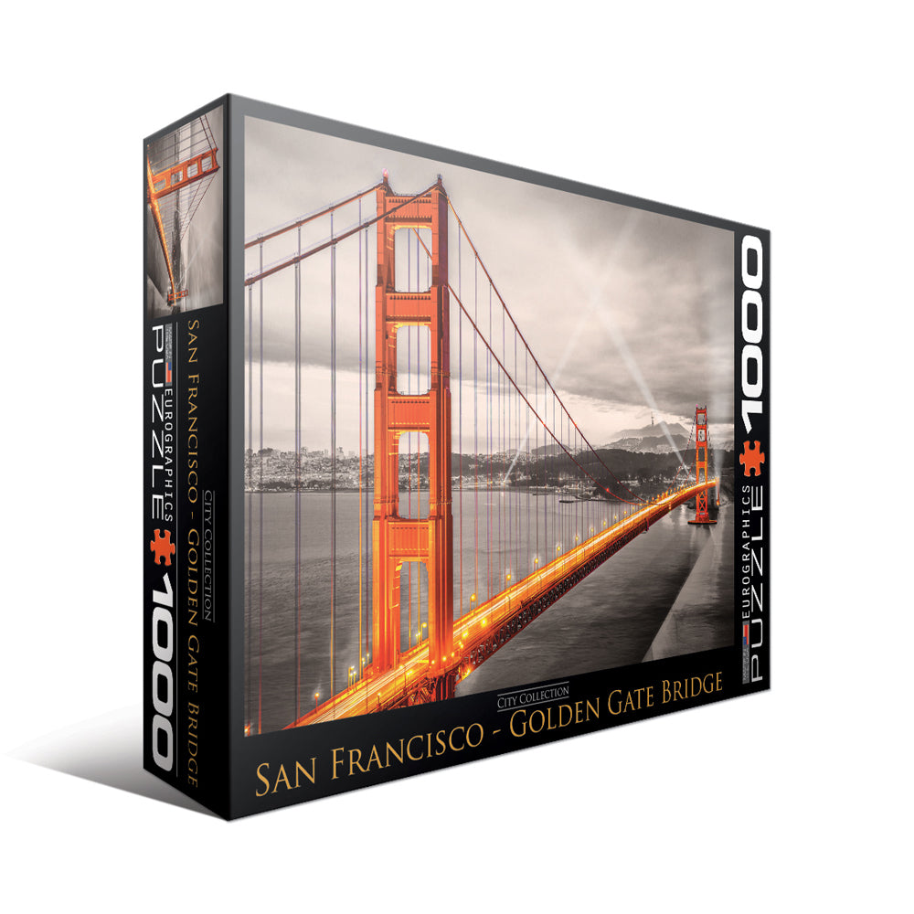 Eurographics San Francisco Golden Gate Bridge 1000-piece jigsaw puzzle box showing illuminated red bridge spanning water with mountains and cloudy sky