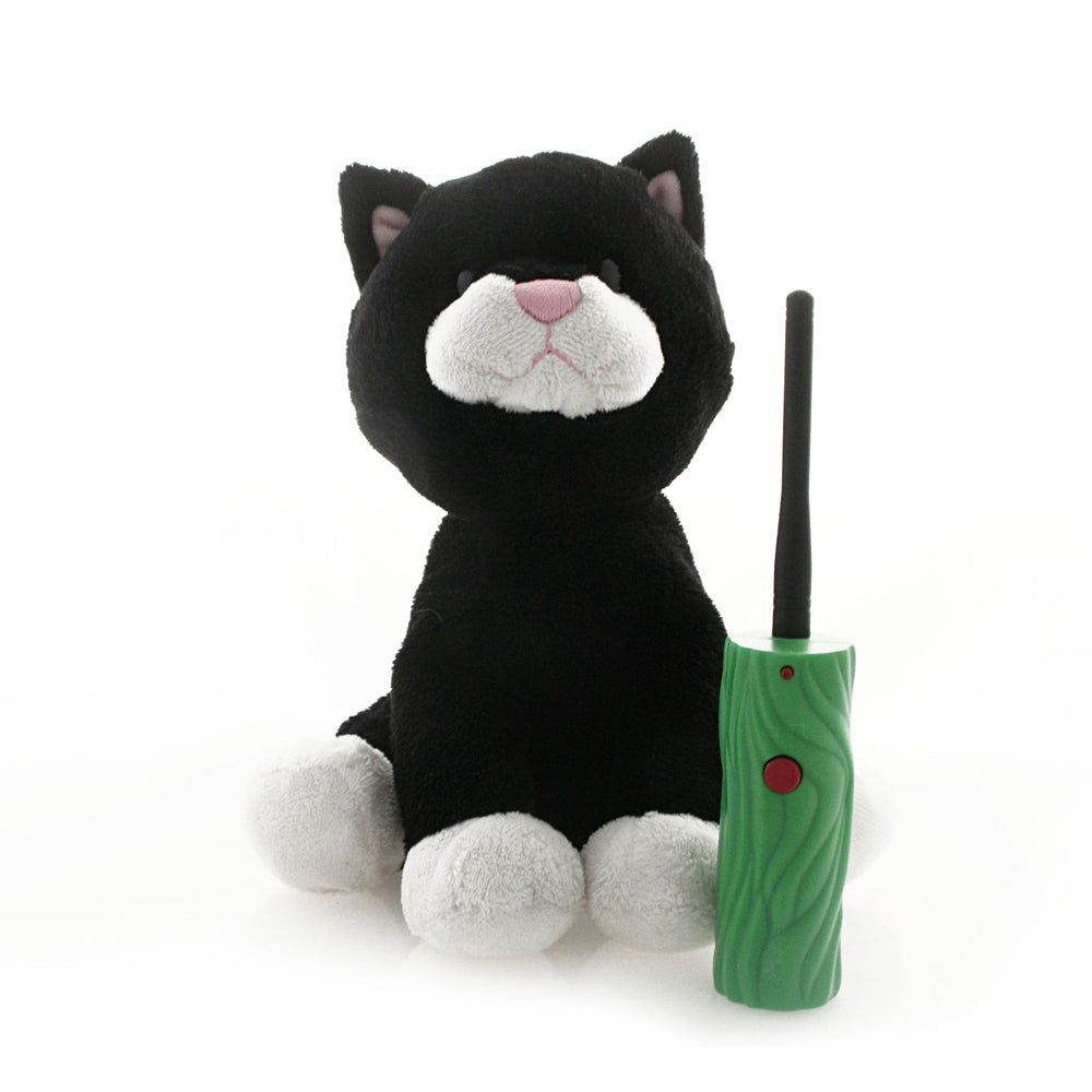 Black plush kitten with white face and pink nose sitting next to green interactive wand controller on white background