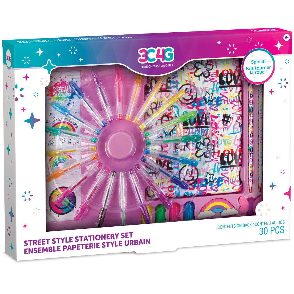 Three Cheers For Girls Street Style Stationery Set with pink spinning wheel organizer, colorful markers, graffiti-design notebook, and 30 pieces total