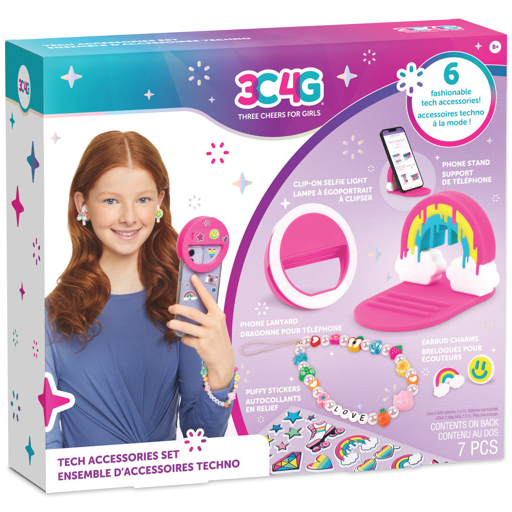 3C4G Tech Accessories Set modeled by a child, including clip-on selfie light, phone stand, phone lanyard with beads, earbud charms, and puffy stickers on pink a