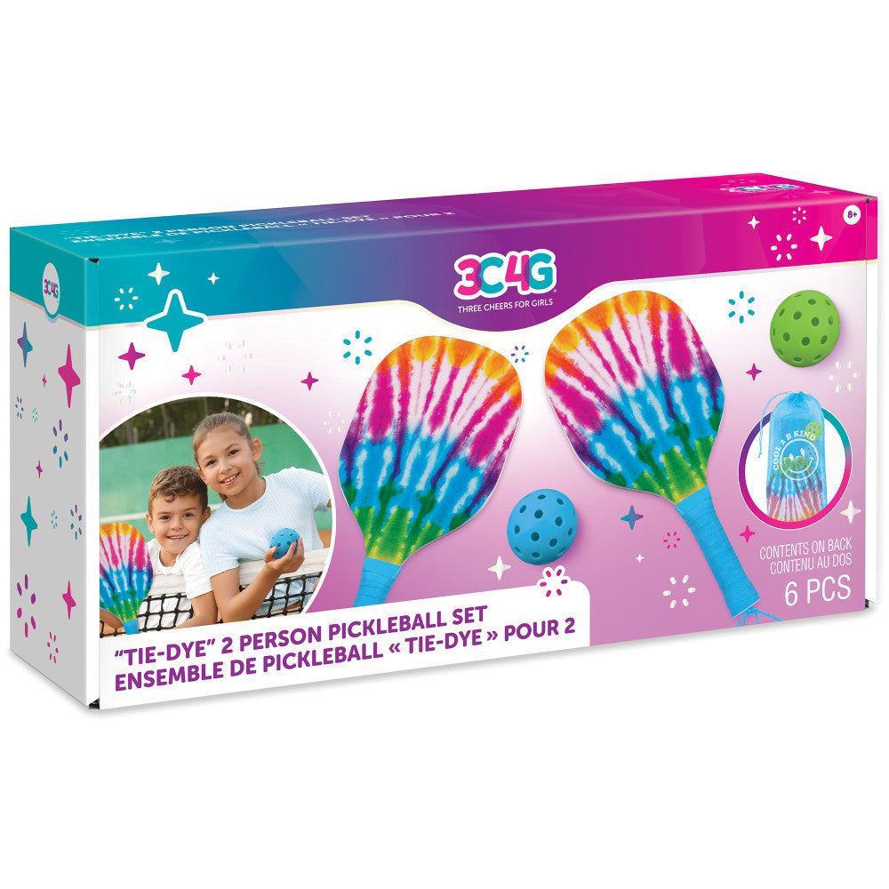 Three Cheers For Girls tie-dye pickleball set for two with colorful paddles, balls, and carrying case displayed on packaging with two children on model