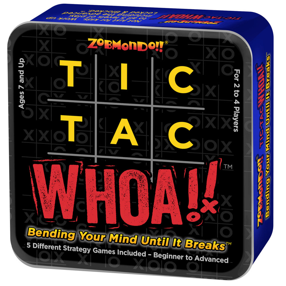 Tic Tac Whoa! Zobmondo!! game box featuring yellow tic-tac-toe grid and red text on blue tin, ages 7 and up, 2 to 4 players