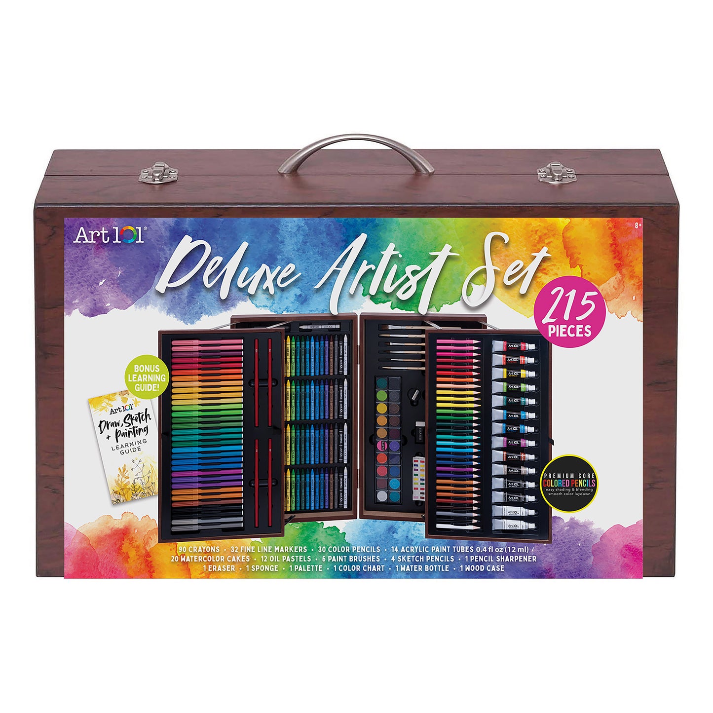 Art 101 Deluxe Wood Artist Set with 215 pieces including colored pencils, markers, crayons, watercolor cakes, acrylic paints, brushes, and accessories in an ope