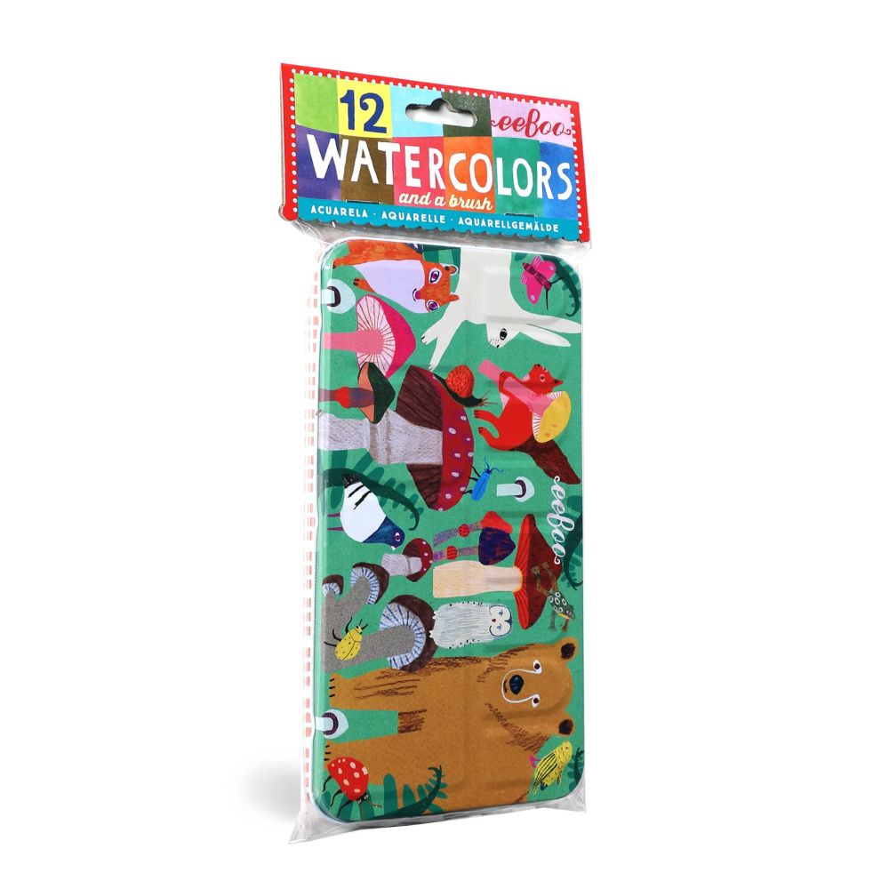 eeBoo 12 watercolors and brush set with colorful forest and mushroom scene packaging featuring illustrated animals and plants