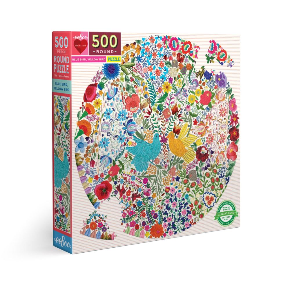 eeBoo 500-piece round jigsaw puzzle box featuring colorful floral and bird design with blue and yellow birds surrounded by multicolored flowers and foliage