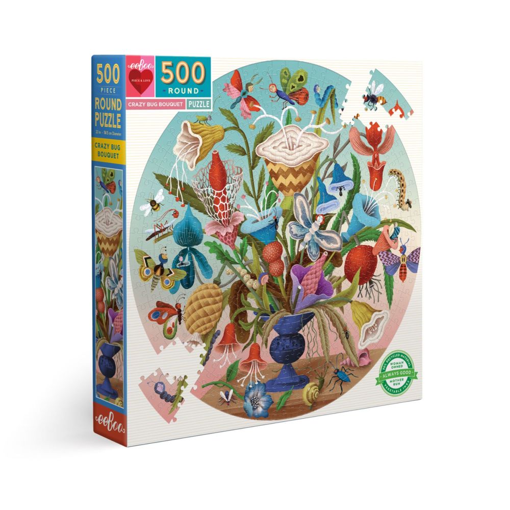 eeBoo 500-piece round jigsaw puzzle box and completed puzzle featuring colorful illustrated insects, flowers, and botanical garden scene in blue, pink, and gree